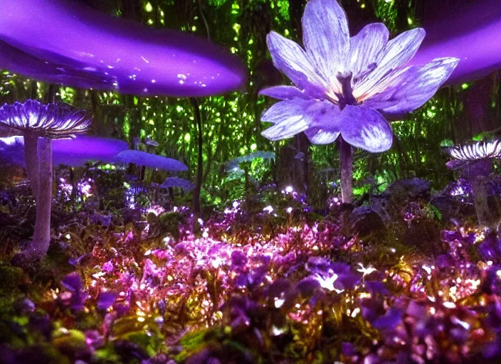 Image similar to glowing delicate flower and mushrooms that grow in a dark fatansy forest on the planet Pandora,