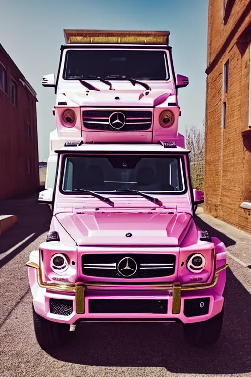 Prompt: Photo of a pink Mercedes-Benz G63 parked in front of a white building, wide shot, poster, photo print, highly detailed, award winning, golden hour, daylight, vibrant, volumetric lighting, award winning