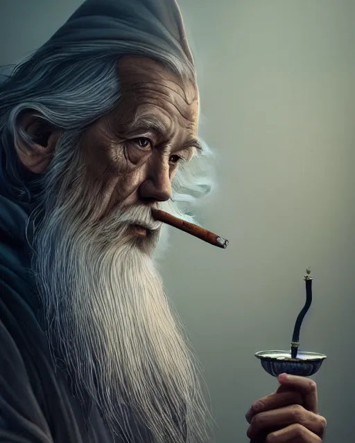 Image similar to portrait of gandalf smoking bong, intricate abstract. intricate artwork, by tooth wu, wlop, beeple, dan mumford. concept art, octane render, trending on artstation, greg rutkowski very coherent symmetrical artwork. cinematic, key art, hyper realism, high detail, octane render, 8 k, iridescent accents