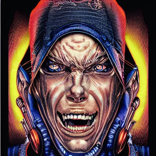 Image similar to portrait of crazy eminem, symmetrical, by yoichi hatakenaka, masamune shirow, josan gonzales and dan mumford, ayami kojima, takato yamamoto, barclay shaw, karol bak, yukito kishiro