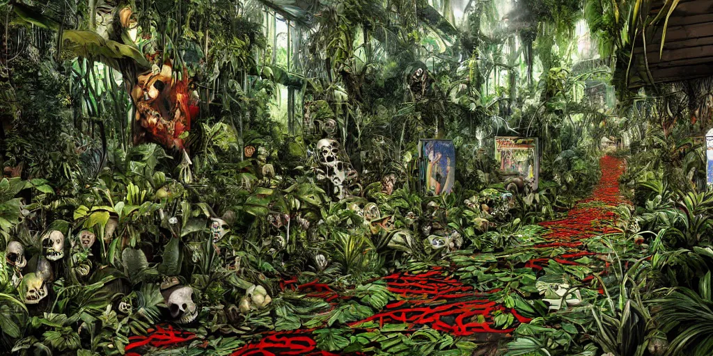 Prompt: a jungle path made of skulls covering a red line subway station in Hollywood/Vine, skulls scattered in the nearby jungle, lush, dense jungle, award winning, cinematic light, by Oliver beck and Marc simonetti