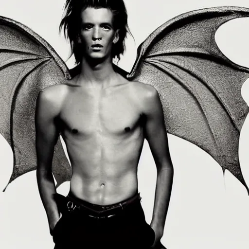 Image similar to a man with dragon wings, large format film fashion photograph by richard avedon