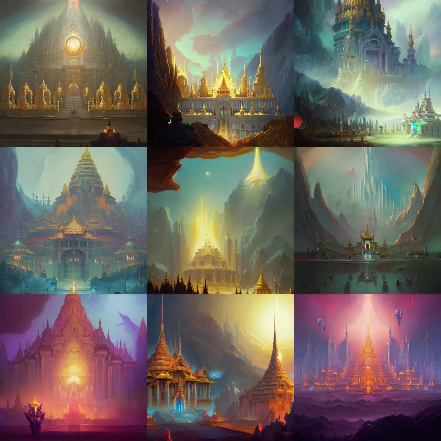 Image similar to grand palace temple for leader of galactic empire by peter mohrbacher, vivid colors, matte painting, 8K, concept art, mystical color scheme, trending on artstation