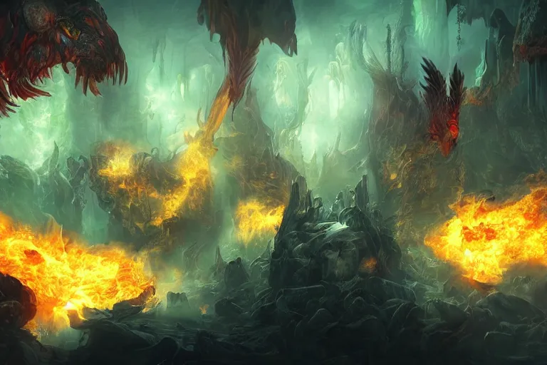 Prompt: chaotic underworld filled with mythical beasts, fiery atmosphere, concept art, volumetric lighting, cinematic