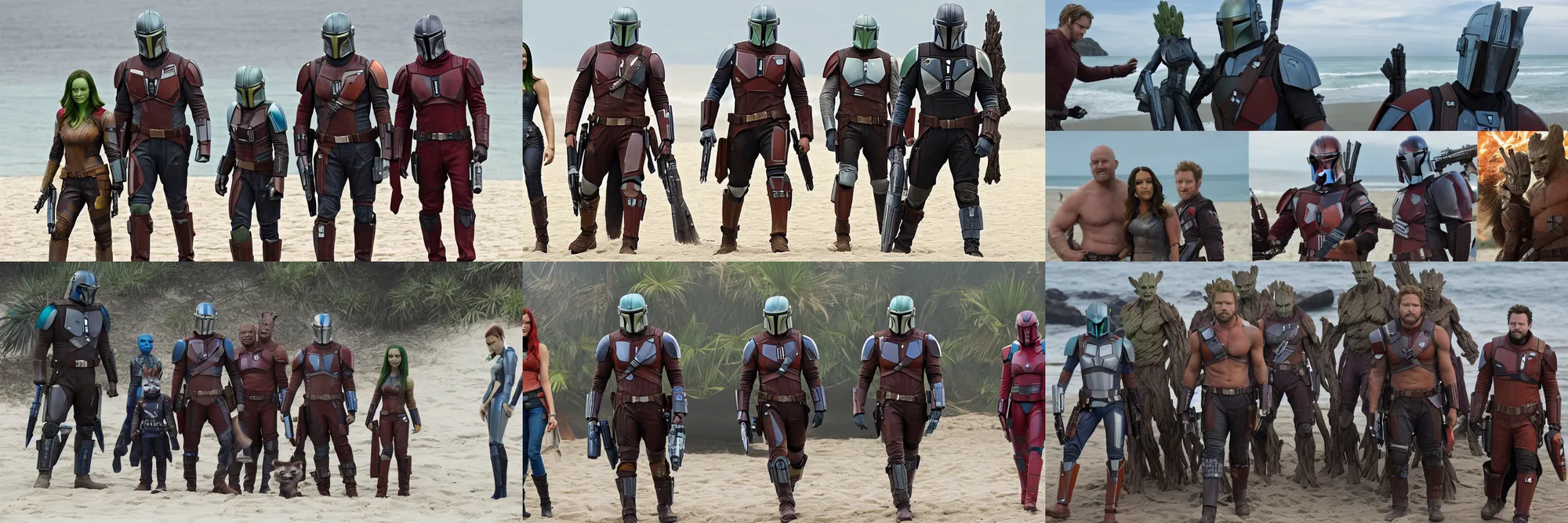 Prompt: guardians of the galaxy ( 2 0 1 4 ) and mandalorian ( 2 0 2 1 ) relax at the beach