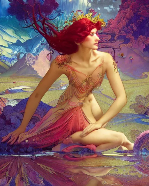 Image similar to a beautiful fairy in a morning dreamland, full body, coherent design, symmetrical, vivid color, complementary color, golden ratio, detailed, sharp lines, intricate, rainbowshift, by james gurney, by peter mohrbacher, by alphonse mucha, by maxfield parrish, by karol bak, waterhouse, octane render