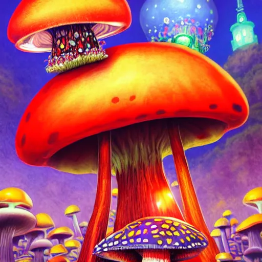 Image similar to 4 k headshot portrait of a psychedelic demonic anthropomorphic ladybug with mushroom themed clothes, magic mushroom village in background by jeff easley, award winning, stylized neon, post - processing, masterpiece, superb resolution. in the art style of junji ito and greg rutkowski. detailed mushroom city in background. hyper realistic anime. perfect art. dalle 2