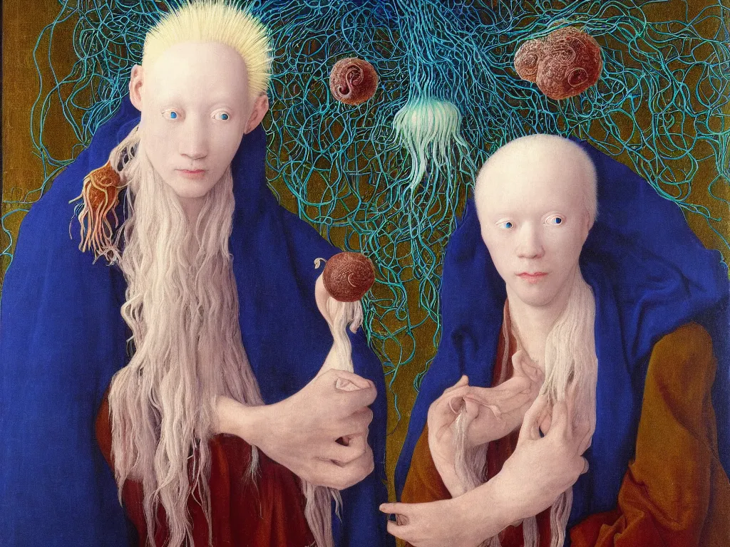 Image similar to Portrait of albino mystic with blue eyes, with exotic beautiful medusae, jellyfish. Painting by Jan van Eyck, Audubon, Rene Magritte, Agnes Pelton, Max Ernst, Walton Ford