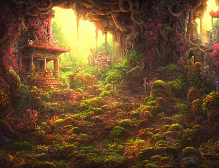 Prompt: fungus temple. oil painting by award - winning mangaka, bloom, chiaroscuro, backlighting, intricate details, depth of field.