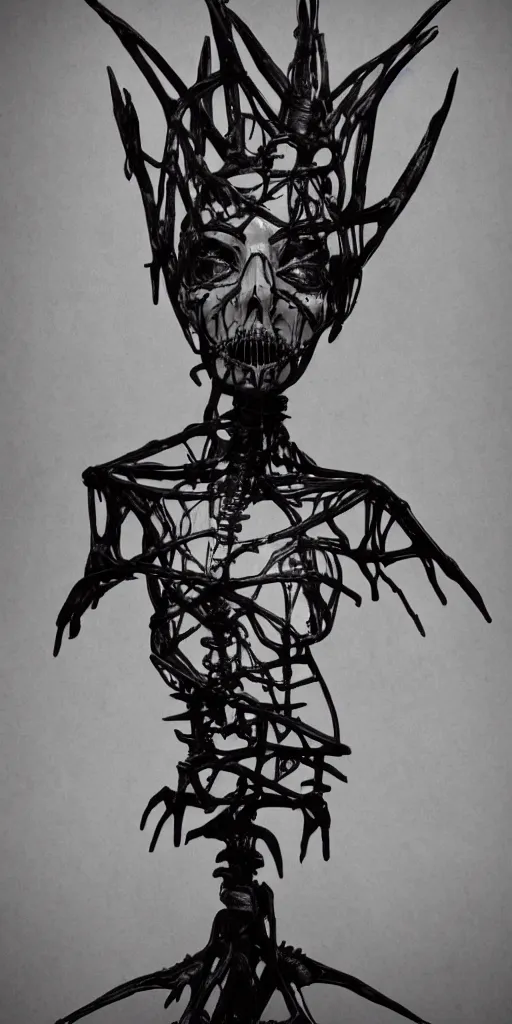 Prompt: priestess, luminous veins, style of ravens stormy sky of foreboding, dora maar and cecile beaton, occult, cinematic, robotic bust, skeletal omens, volumetric light, rim light, gothic, 8 k