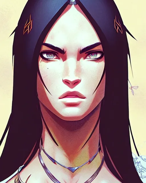 Image similar to azctec warrior, megan fox, detailed perfect face, exquisite details, fire magic, mid view, design on a white background, by studio muti, greg rutkowski makoto shinkai takashi takeuchi studio ghibli