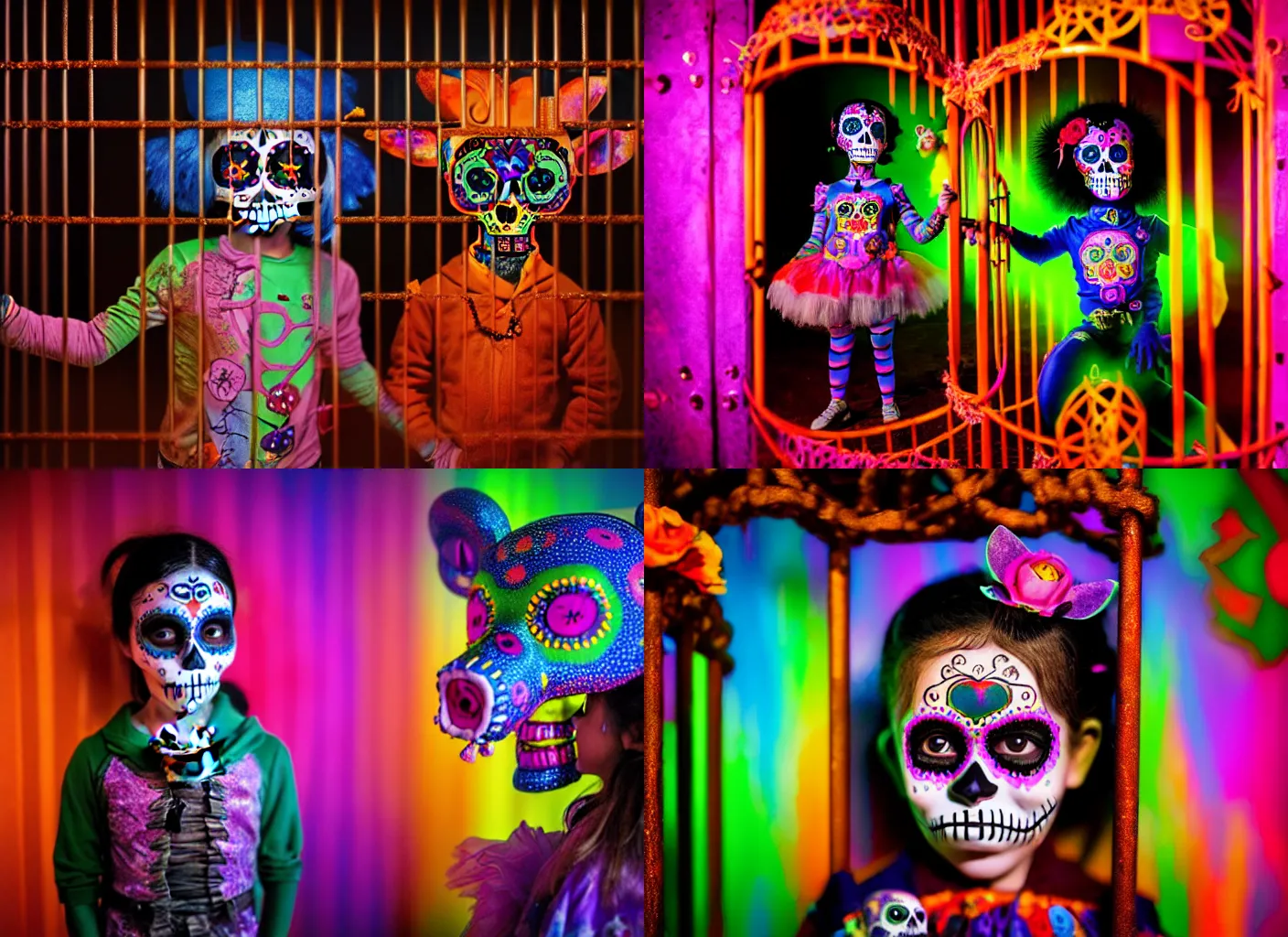 Prompt: a child wearing dia de los muertos costume sits in a cage, behind bars, during a laserium lasershow, whispers secrets to her alejbrie animal guardian. lowbrow, pop surrealism art style, alebrijes aesthetic, contemporary art illustration, photography by steven curry, ultra real 8 k photography