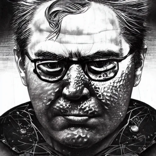 Image similar to Yoshitaka Amano realistic illustration of jeb bush ,hair fluttering in the wind, cracks on his face wearing Elden ring armour with engraving, abstract black and white patterns on the background, noisy film grain effect, highly detailed, Renaissance oil painting, weird portrait angle, blurred lost edges, three quarter view