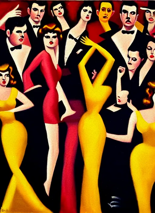 Image similar to film noir disco, crowds of people, she arrived in a golden dress oil painting