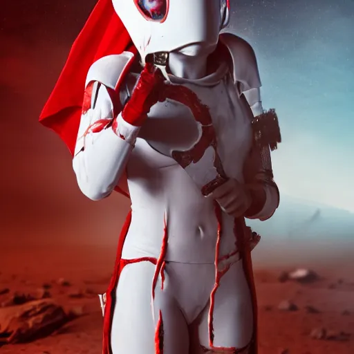 Image similar to a young female soldier wearing blood - spattered glossy sleek white dinged scuffed armor and a long torn red cape, heroic posture, determined expression, elegant, battle weary, no helmet, on the surface of mars, dramatic lighting, cinematic, sci - fi, hyperrealistic, detailed