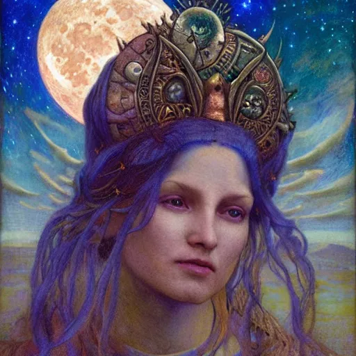 Image similar to queen of the moon with stars in her hair, by annie swynnerton and tino rodriguez and nicholas roerich and jean delville and donato giancola and diego rivera and tom bagshaw and evelyn demorgan, dramatic lighting, god rays, geometric tattoos, rich colors, smooth sharp focus, extremely detailed, adolf wolfli