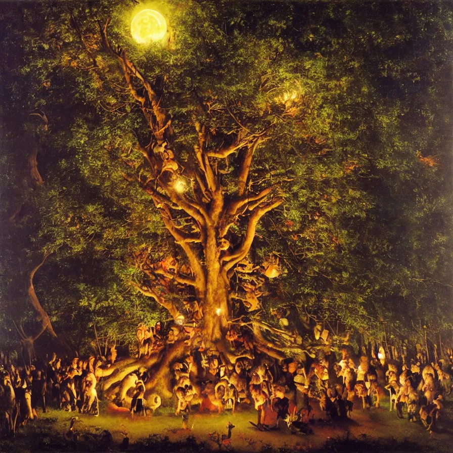 Image similar to a night carnival around a magical tree cavity, with a surreal orange moonlight and fireworks in the background, next to a lake with iridiscent water, christmas lights, folklore animals and people disguised as fantastic creatures in a magical forest by summer night, masterpiece painted by gustave courbet, mark keathley, dark night environment