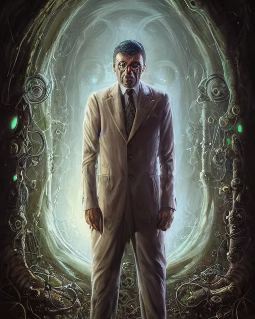 Image similar to lovecraft biopunk portrait of rowan sebastian atkinson by tomasz alen kopera and peter mohrbacher