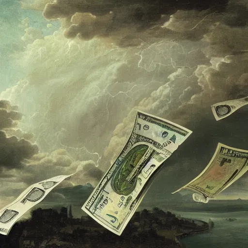 Prompt: dollar bills swirling in a tornado, dollar bills in the wind, raining dollar bills from the clouds in the background by Ansel Adams and Bernardo Bellotto, oil on canvas, artstation, dramatic scenery, masterpiece, aesthetic