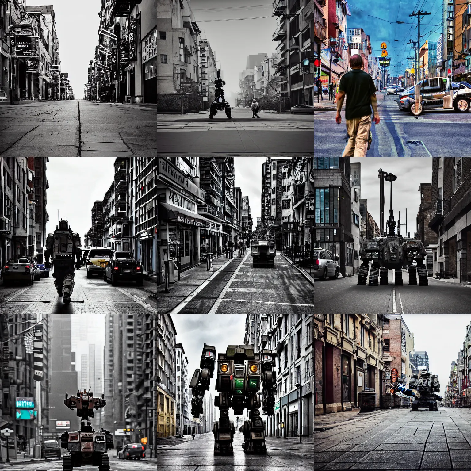 Prompt: battlemech walking down a city street, digital photograph, 3 2 megapixel