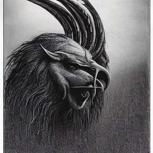 Image similar to a creature with the body and eyes of a man, with the beak of an eagle, the mane of a lion, and the horns of an ox. drawn by zdzislaw beksinski and giger, dark blue