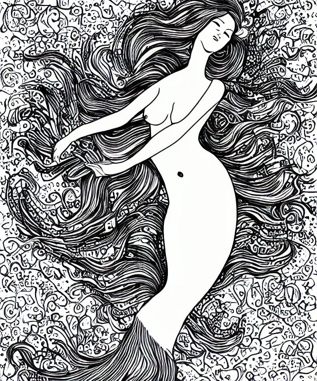 Image similar to black and white illustration, creative design, beautiful mermaid, full body, swimming in ocean