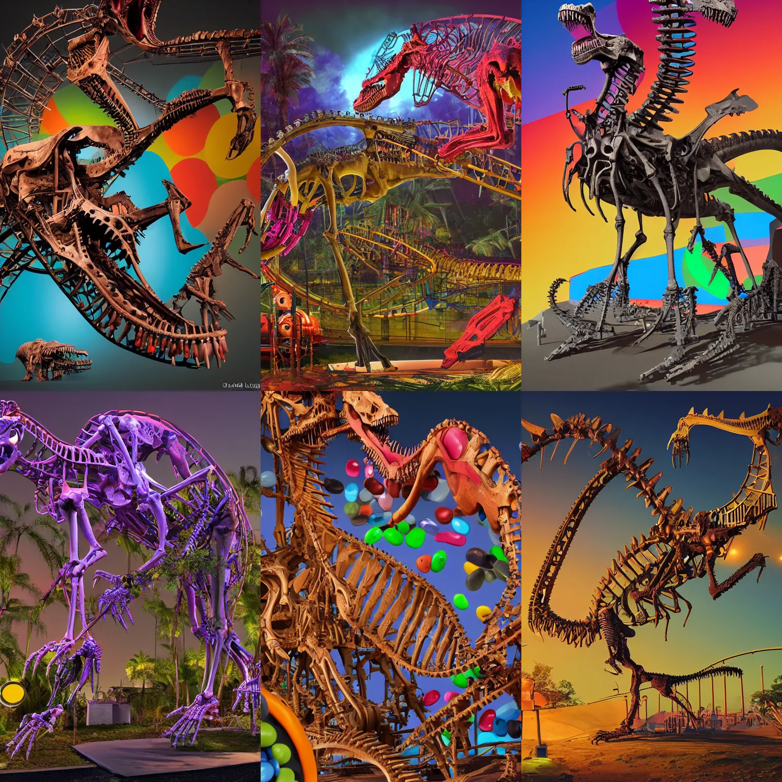 Prompt: Simple bionic exploded drawing dinosaur skeleton sculpture made from rollercoaster, with colorfull jellybeans organs, by david lachapelle, by angus mckie, by rhads, in a dark empty black studio hollow, c4d, at night, rimlight, rimight, rimlight