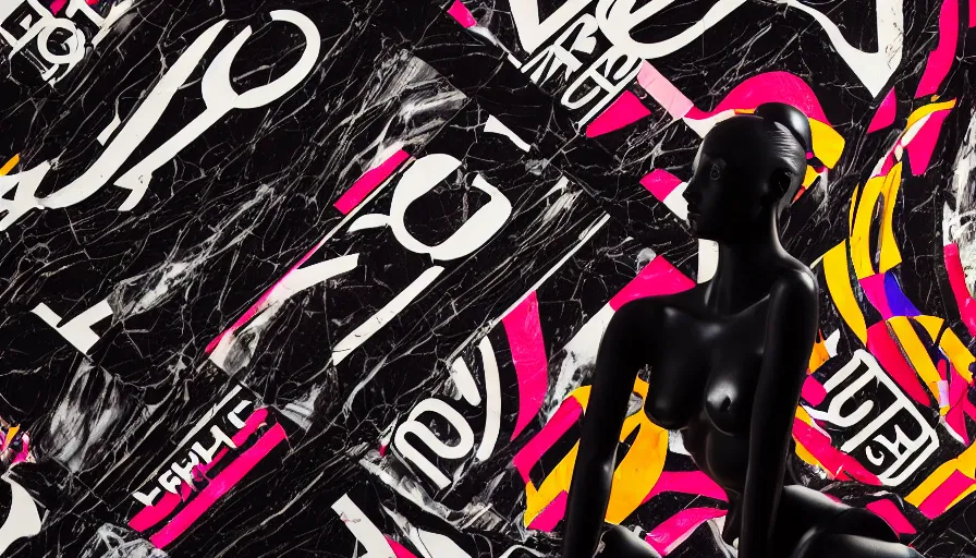 Image similar to billboard advertisement of extremely beautiful female black marble statue in the style of virgil abloh, colorful motocross logos behind her, sharp focus, clear, detailed,, cinematic, detailed, off white, glamourous, symmetrical, vogue, editorial, fashion, magazine shoot, glossy