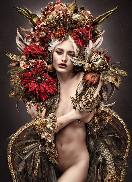 Image similar to expressive full body photo of a female model, ornate headpiece made from flowers, ornaments, glamour shot, by karol bak, by stefan gesell, photorealistic, canon r 3, fashion photography, hyper maximalist, elegant, ornate, luxury, elite, environmental portrait, symmetrical features, octane render, unreal engine, solid dark grey background, dramatic lights