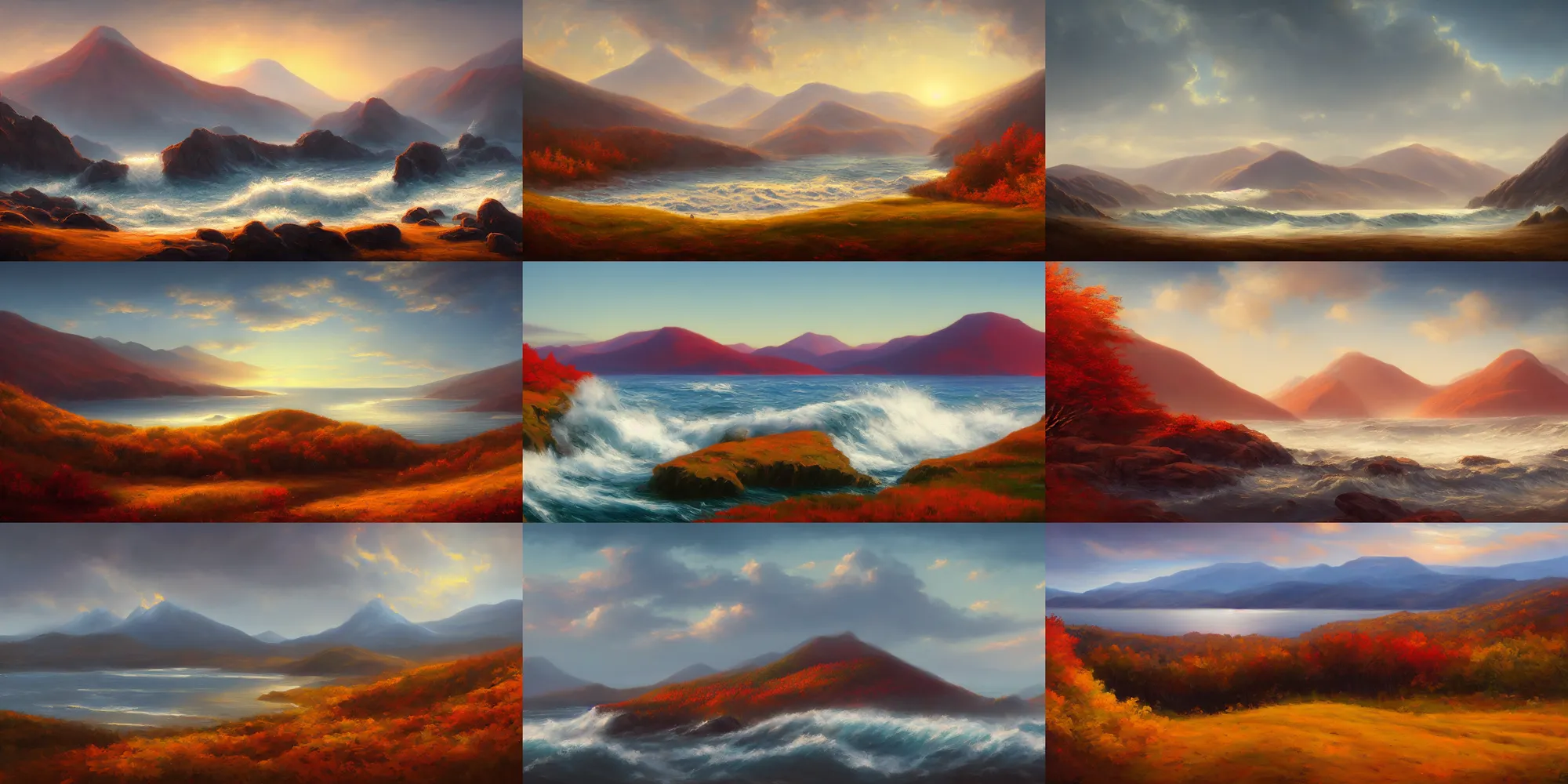 Prompt: landscape portrait of the ocean meeting a mountain range, new england autumn by Noah Bradley, digital art trending on artstation