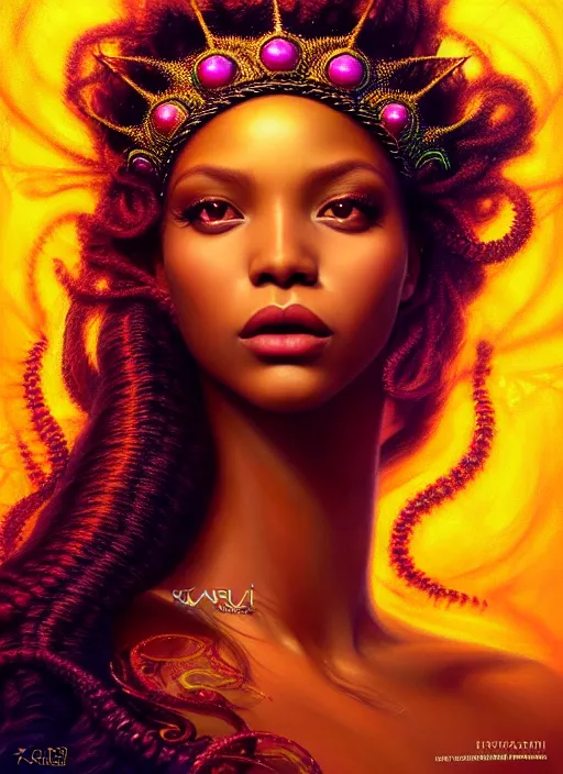 Prompt: portrait of sea queen, fantasy, rule of thirds, intricate, neon highlights, octane render, detailed, brown skin, beautiful, unreal engine, symmetrical!!, loreal, maybelline, sephora, loreal, artstation, art by karol bak, art by artgerm, rossdraws, cinematic, concept art, filmic, vsco