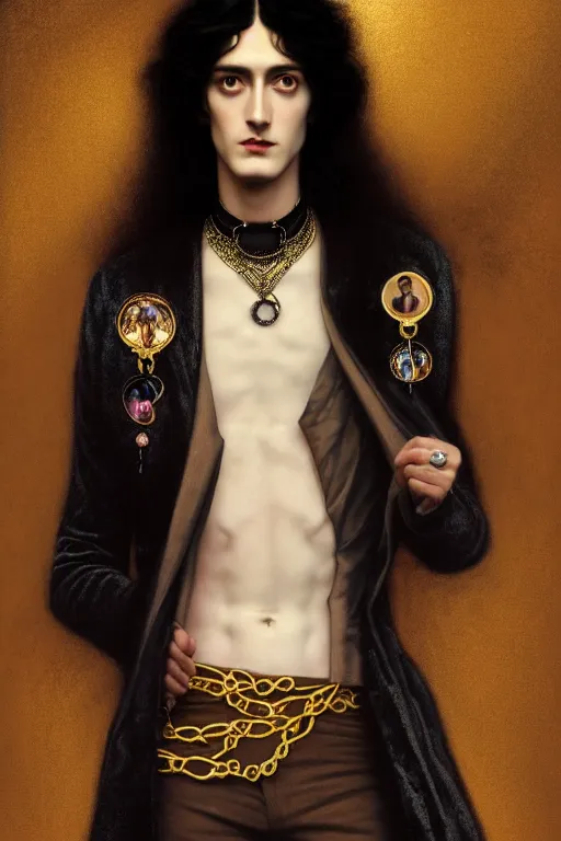 Image similar to a beautiful androgynous man, long hair, tall and thin, dressed in velvet, rock star, young jimmy page, wearing several pendants and a choker, illustration, dramatic lighting, soft details, painting, art nouveau, octane render, 8 k, hd, by edmund blair leighton, brom, charlie bowater, faces by otto schmidt