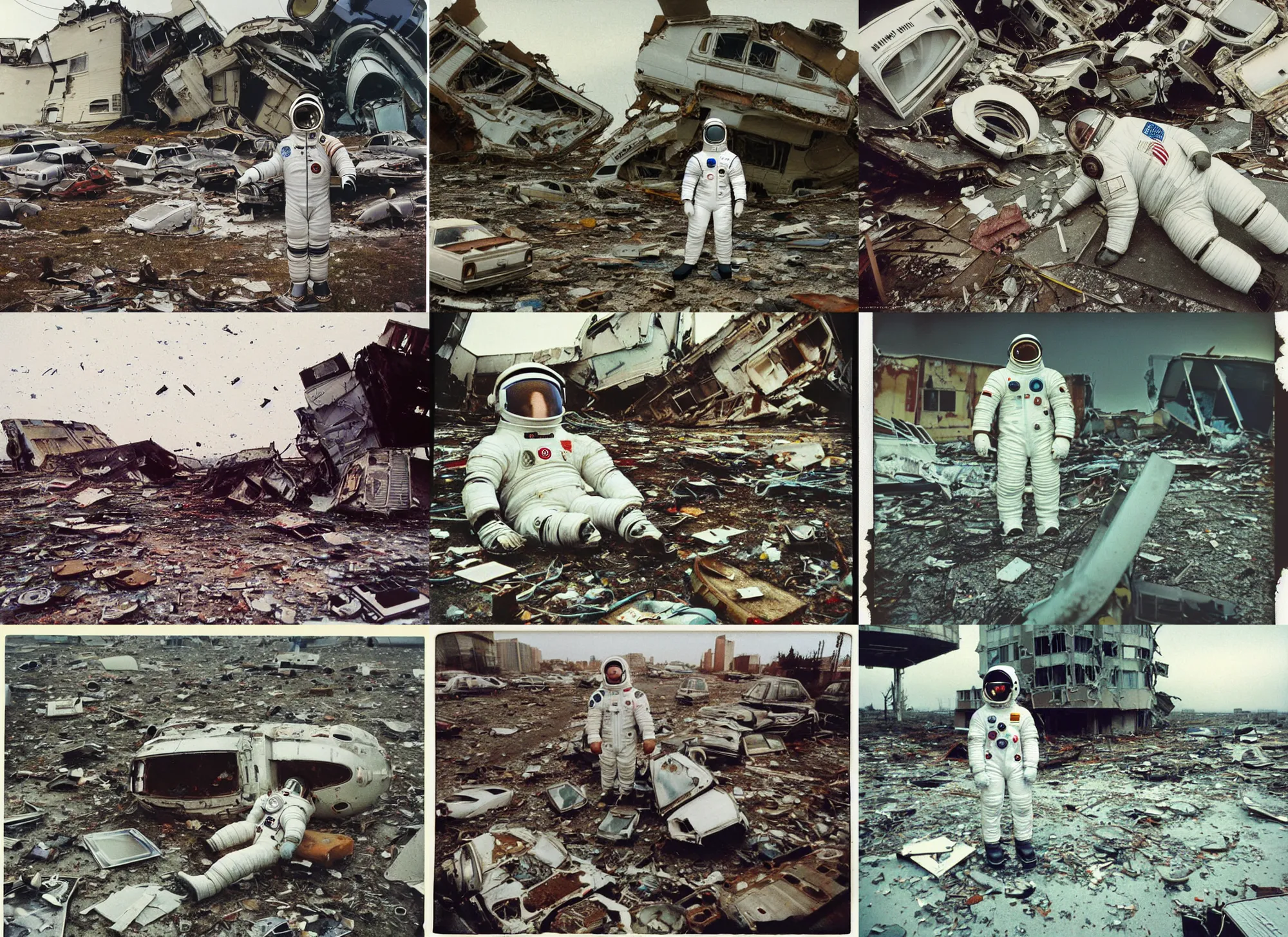 Prompt: faded photographs of american white spacesuit chubby astronaut in postapocalyptic abandoned destroyed deep sea, wrecked buildings, destroyed flipped wrecked cars, polaroid photo, vintage, 1 9 8 5, neutral colors, rainy day, by gregory crewdson