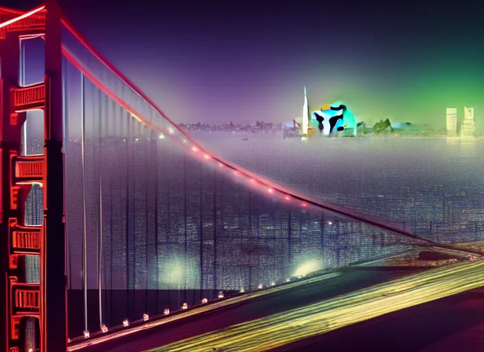 Prompt: cyberpunk scifi scene of san francisco skyline at night, golden gate bridge, artstation, matt painting, very detailed, maximalism, ambient occlusion, volumetric light, atmospheric haze, unreal engine, hyper realism, realistic shading, cinematic composition, realistic render, octane render, detailed textures, photorealistic, wide shot