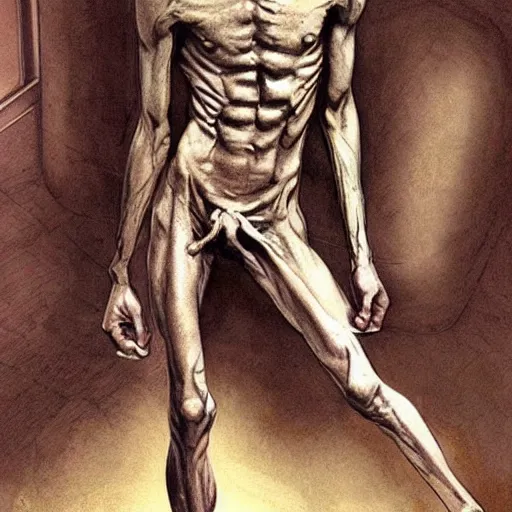 Image similar to extremely skinny and starved man. fantasy art