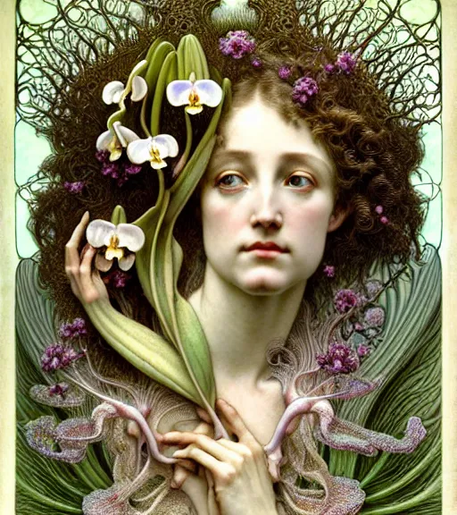 Image similar to beautiful orchid fairy detailed realistic porcelain face portrait by jean delville, gustave dore, iris van herpen and alphonse mucha, art forms of nature by ernst haeckel, art nouveau, symbolist, visionary, gothic, neo - gothic, pre - raphaelite, fractal lace, intricate alien botanical biodiversity, surreality, hyperdetailed ultrasharp octane render