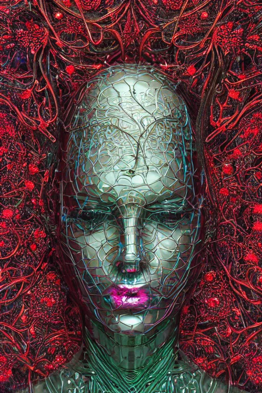 Image similar to a melancholic realistic 8k sculpture of a complex robotic human face, liquid metal simulation, bright psychedelic neon colors, dark dramatic lighting, hexagonal mesh wire, filigree intricate details, cinematic, fleshy, red blossoms, green ivy, elegant, 50mm lens, DOF, octane render, art nouveau, 8k post-processing, intricate art by greg rutkowski