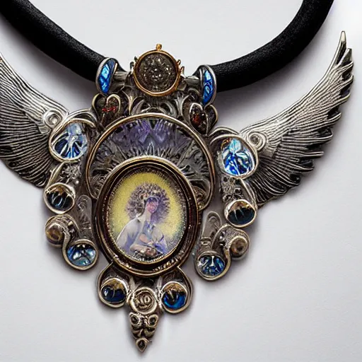 Image similar to hyperrealistic detailed necklace made like seraphim angel with cinematic sharp focus 8 k in style of alfons mucha as a necklace