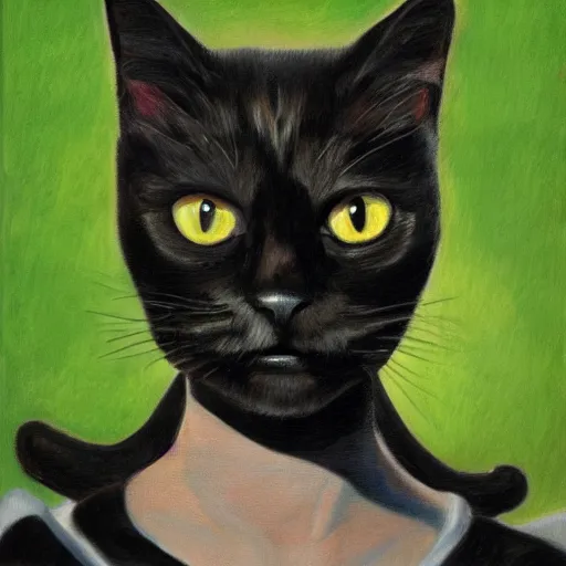 Image similar to black cat with human face in style of Petrov-Vodkin, 4k, hyper realistic,