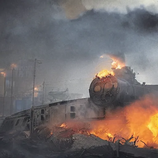 Image similar to trainwreck, devastation on the railroad, atmospheric smoke and fog, fire and flames, post-apocalyptic, Cinematic horror, high detail, 4k