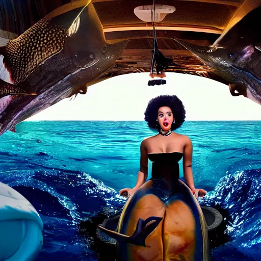 Image similar to cinematic shot of Cardi B riding on the back of a giant tuna fish in the ocean, bright lighting, 8k, very intricate, very detailed,