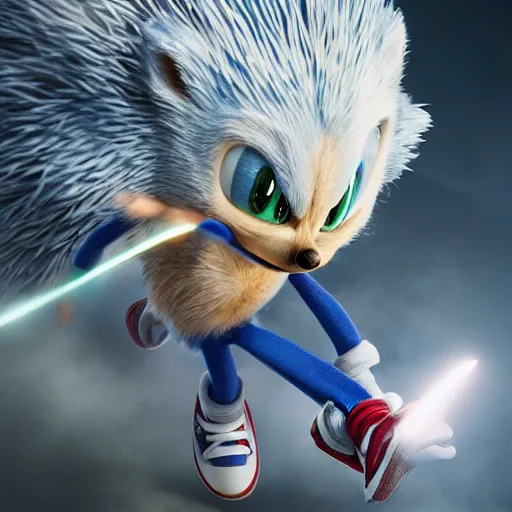 Image similar to hyperrealistic sonic the hedgehog, stunning 3 d render inspired by istvan sandorfi & greg rutkowski & mike judge, perfect symmetry, dim volumetric cinematic lighting, 8 k octane comprehensive render, extremely mega hyper - detailed and lifelike attributes & atmosphere, intricate, realistic flesh texture, masterpiece, artstation, stunning,