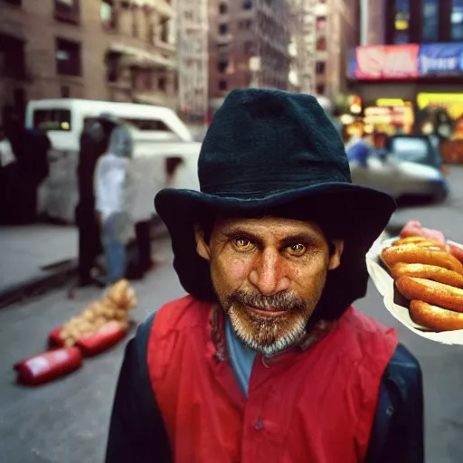 Image similar to closeup portrait of a sneaky man hiding trying to sell hotdogs in a smoky new york back street , by Annie Leibovitz and Steve McCurry, natural light, detailed face, CANON Eos C300, ƒ1.8, 35mm, 8K, medium-format print