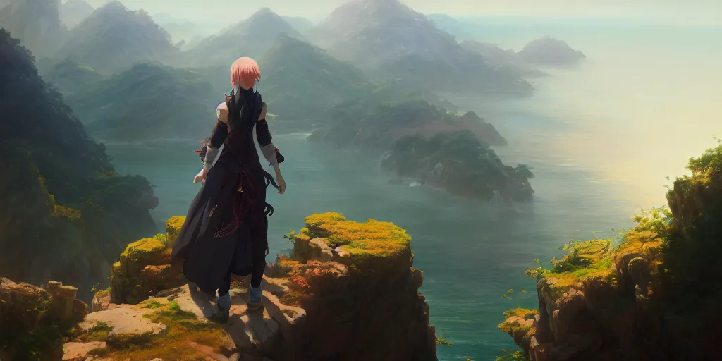 Image similar to anime character standing on a cliff watching the landscape, extremely detailed digital painting, in the style of fenghua zhong and ruan jia and jeremy lipking and peter mohrbacher, mystical colors, rim light, beautiful lighting, 8 k, stunning scene, raytracing, octane, trending on artstation
