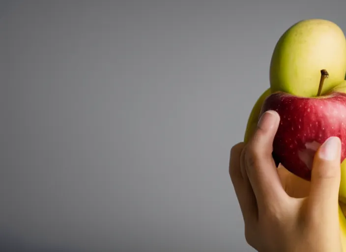 Prompt: photo still of a banana eating an apple, 8 k, studio lighting bright ambient lighting key light, 8 5 mm f 1. 8