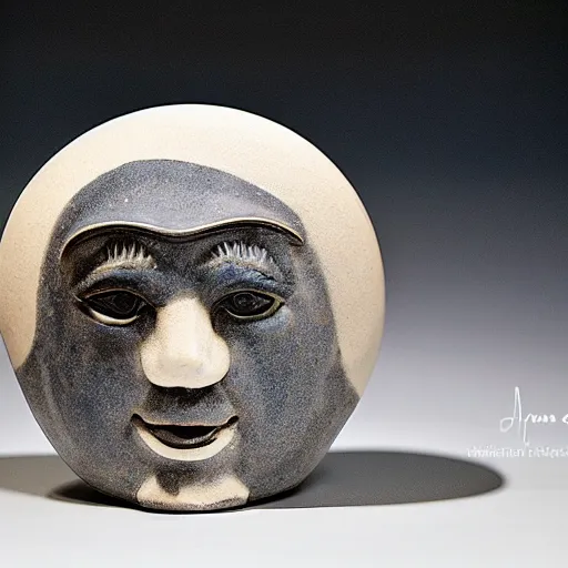 Image similar to hummel figurine of the moon, man in the moon, ceramic, smiling moon, photograph, fine art, glazed ceramic, kitsch,