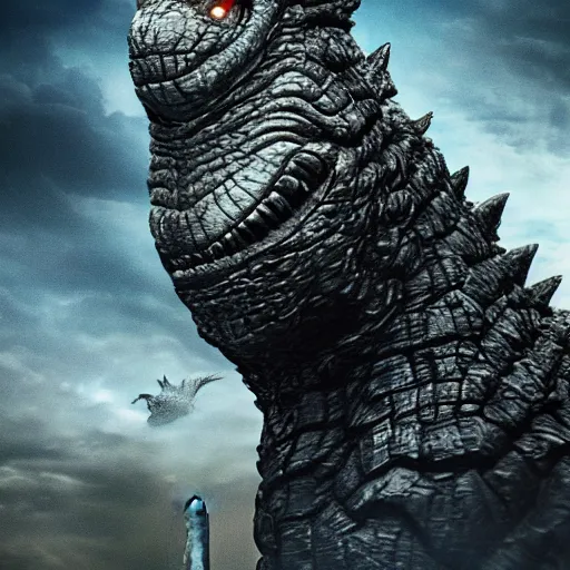 Image similar to liam neeson, godzilla, movie poster, profile shot, high quality, realistic, head to head