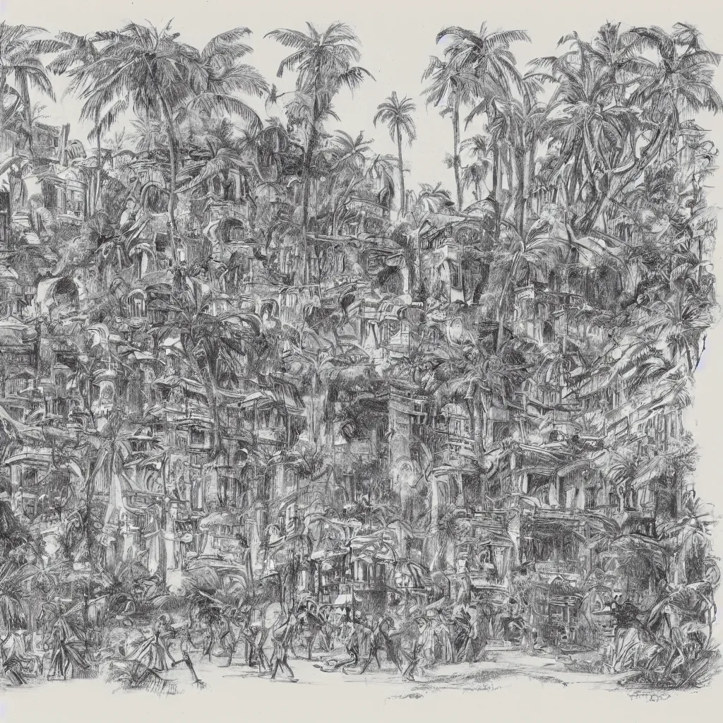 Prompt: vintage architectural drawing black and white sketch on yellowed paper. the sketch depicts an alien palace in a jungle. people wearing togas are walking around outside the palace. the page is ripped and burned