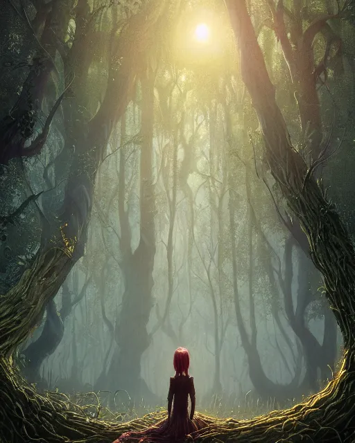 Image similar to highly detailed surreal vfx portrait of a cursed monster in a shadowy forest by a willow tree, stephen bliss, unreal engine, greg rutkowski, loish, rhads, beeple, makoto shinkai and lois van baarle, ilya kuvshinov, rossdraws, tom bagshaw, alphonse mucha, global illumination, detailed and intricate environment