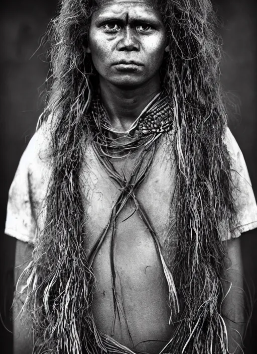 Image similar to Award winning Editorial photo of a Native Nauruans with incredible hair and beautiful hyper-detailed eyes wearing traditional garb by Lee Jeffries, 85mm ND 5, perfect lighting, gelatin silver process